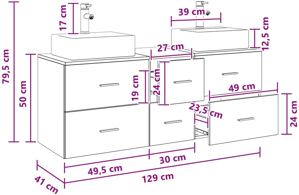Vonios spintos komplektas 3 vnt. Balta 129 x 41 x 79,5 cm