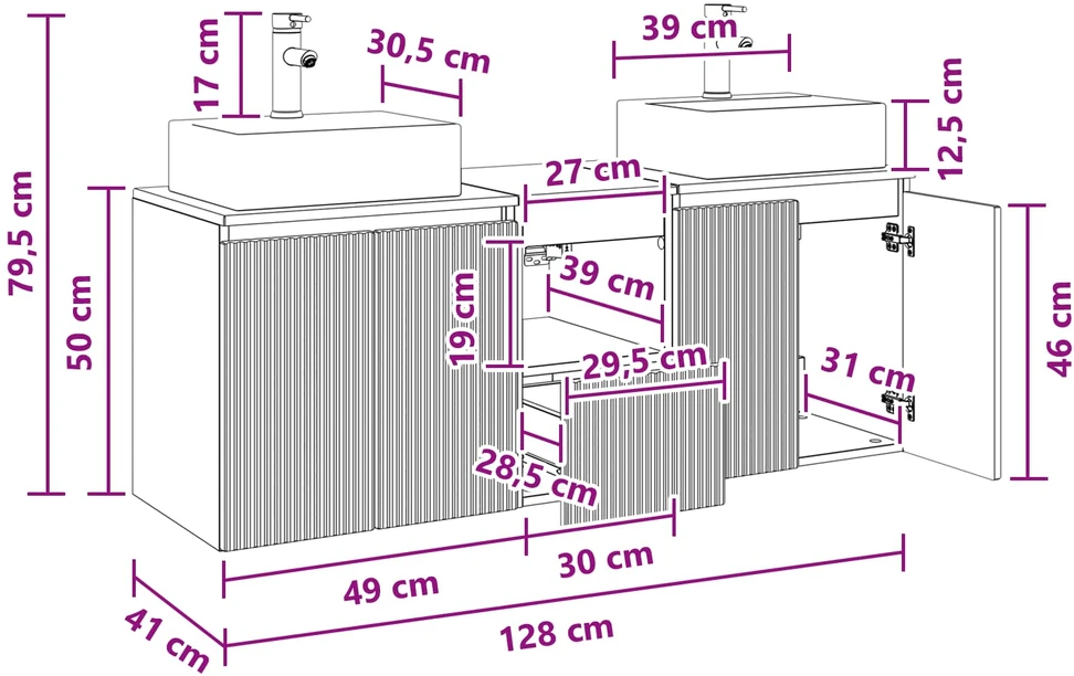 Vonios spintos komplektas 3 vnt. Balta 129 x 41 x 79,5 cm