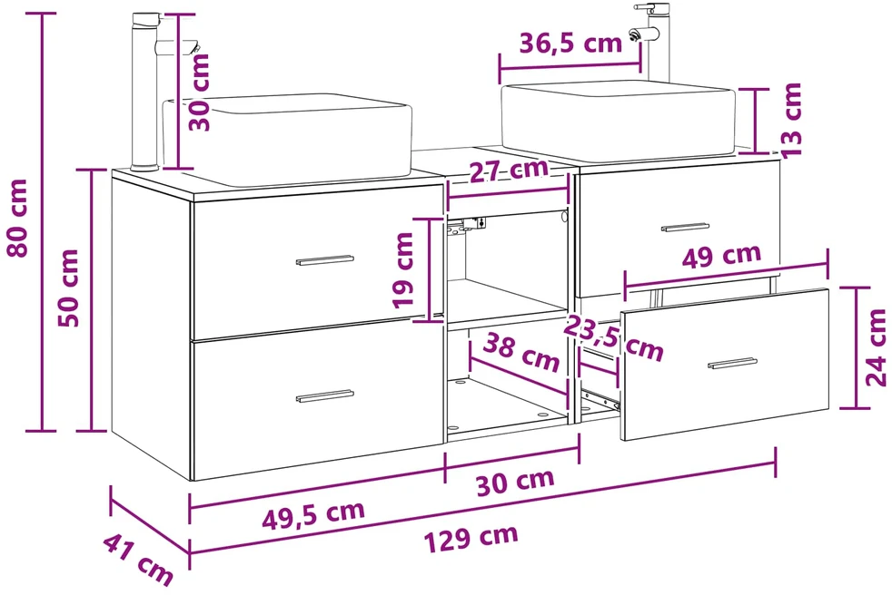 Vonios spintos komplektas 3 vnt. Betono pilka 129 x 41 x 80 cm