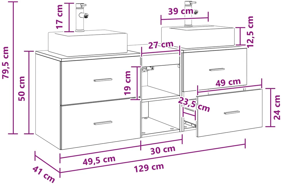 Vonios spintos komplektas 3 vnt. Juoda 129 x 41 x 79,5 cm