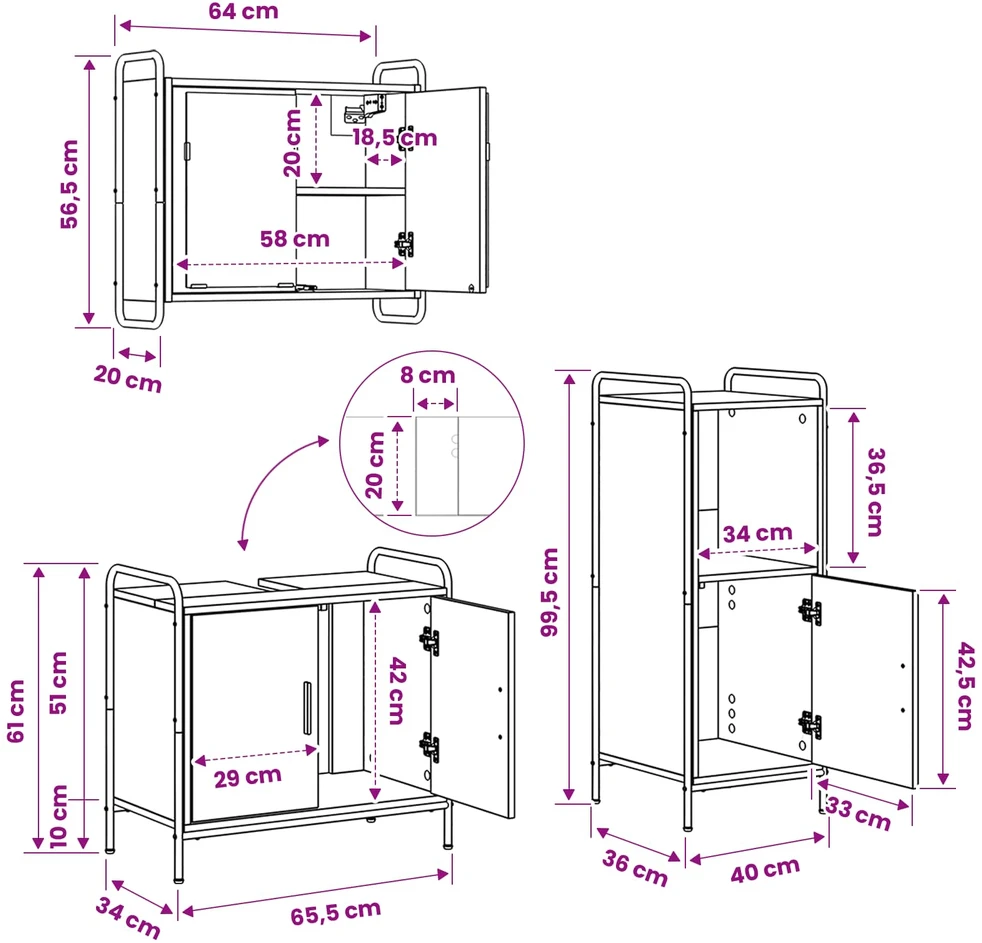 Vonios spintos komplektas 3 vnt. Pilka Sonoma 40 x 36 x 99,5 cm
