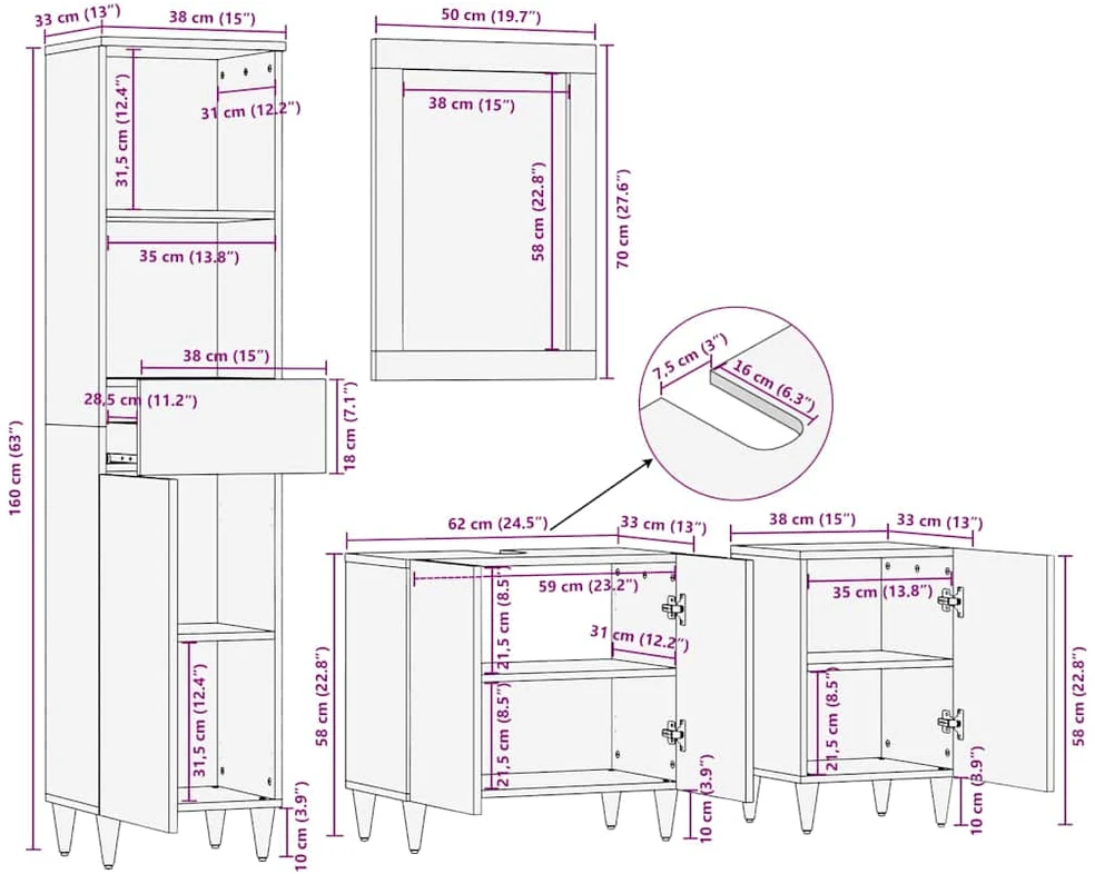 Vonios spintos komplektas 4 vnt. Medus ruda 62 x 33 x 58 cm