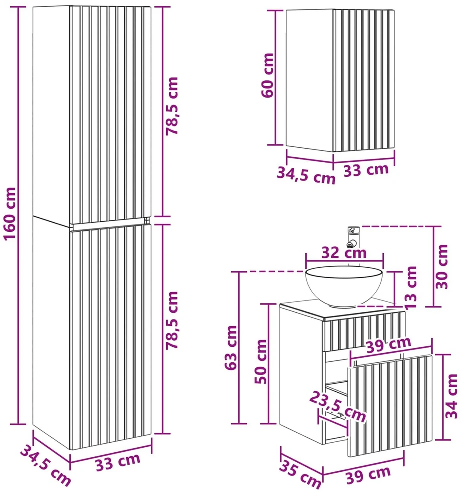 Vonios spintos komplektas 5 vnt. Sonoma ąžuolas
