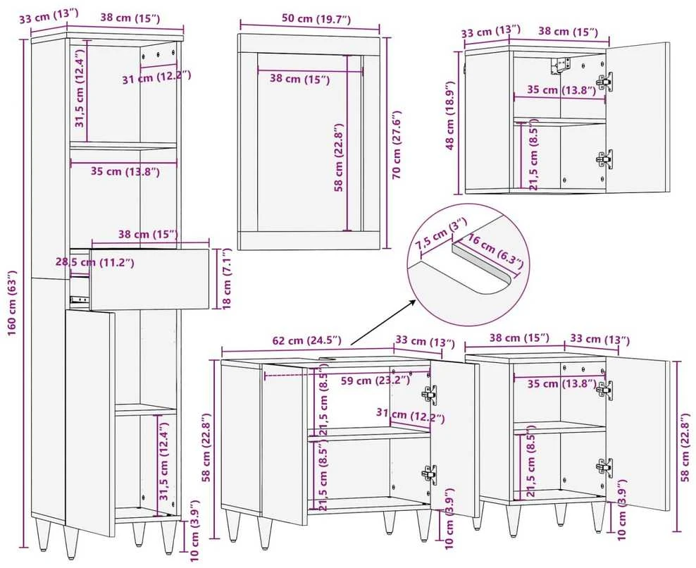 Vonios spintos komplektas 5 vnt. 62 x 33 x 58 cm