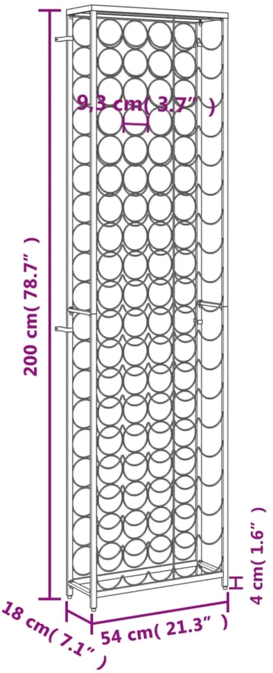 Vyno laikiklis 95 buteliams, juodas, 54x18x200cm, kalta geležis