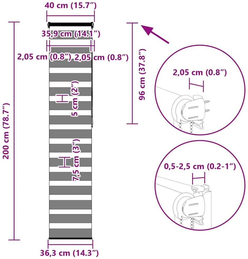zebrinės žaliuzės 40x200 cm audinio plotis 35,9 cm poliesteris