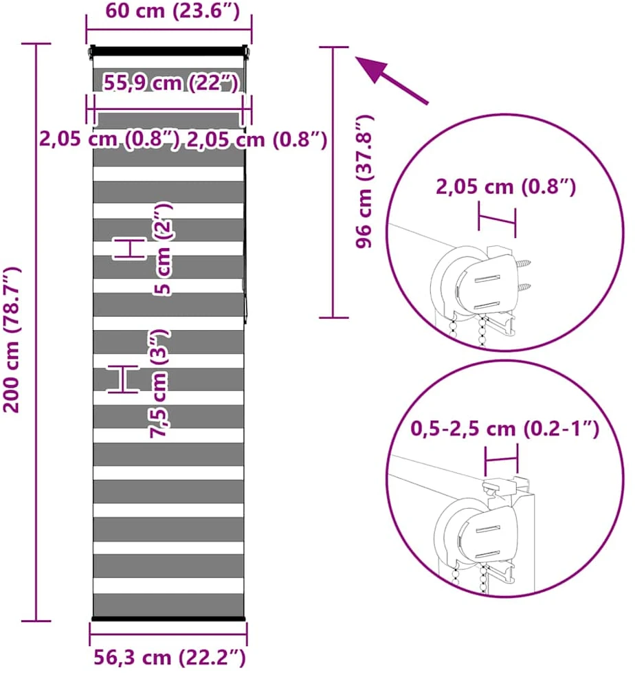 zebrinės žaliuzės 60x200 cm audinio plotis 55,9 cm poliesteris