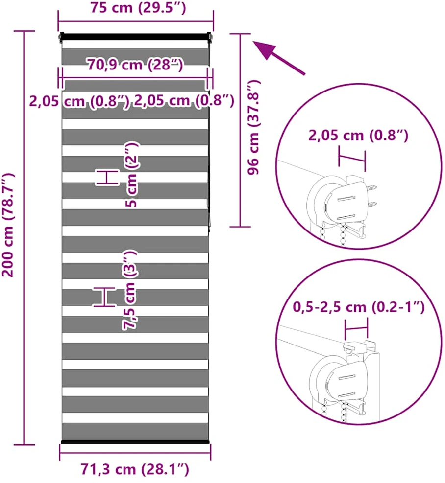 zebrinės žaliuzės 75x200 cm audinio plotis 70,9 cm poliesteris