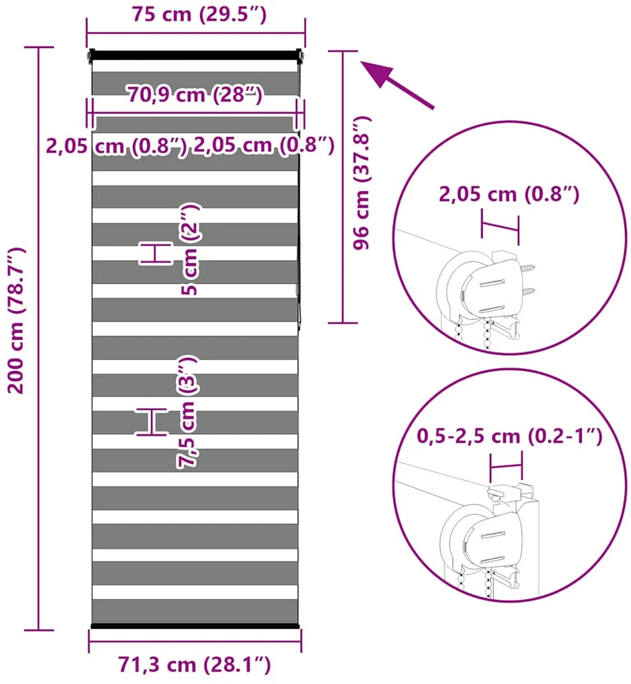 zebrinės žaliuzės 75x200 cm audinio plotis 70,9 cm poliesteris