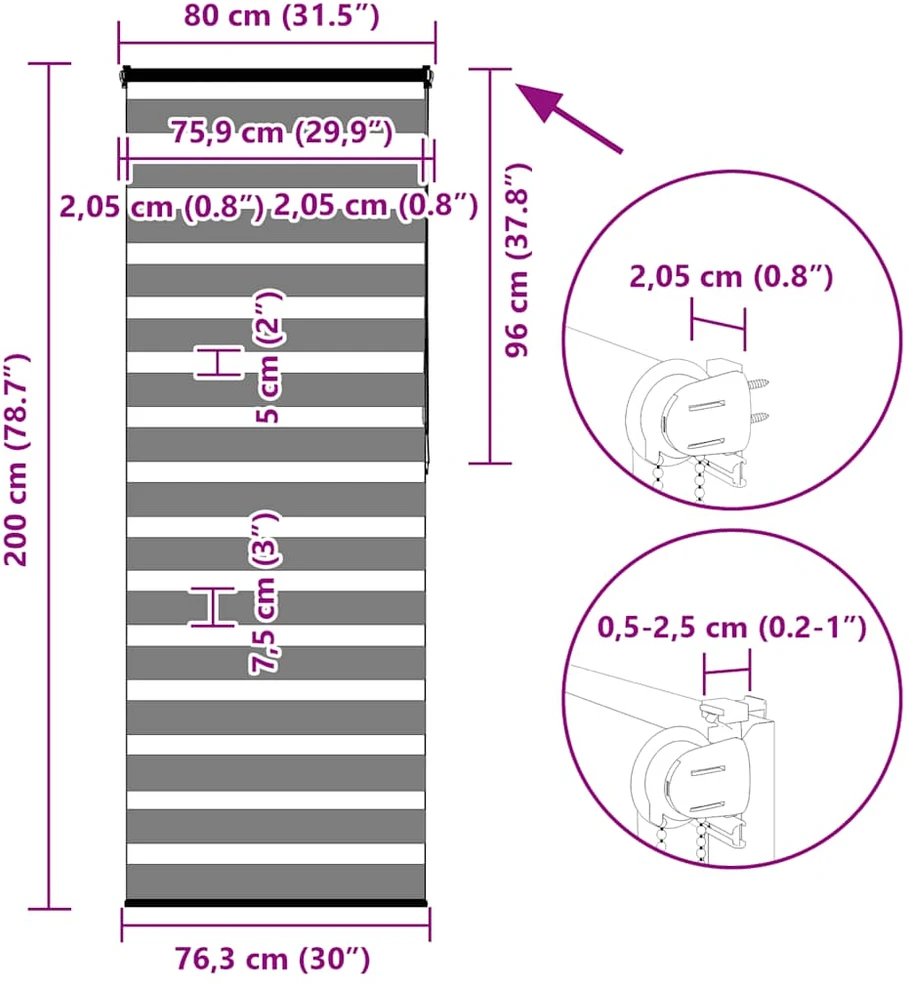 zebrinės žaliuzės 80x200 cm audinio plotis 75,9 cm poliesteris