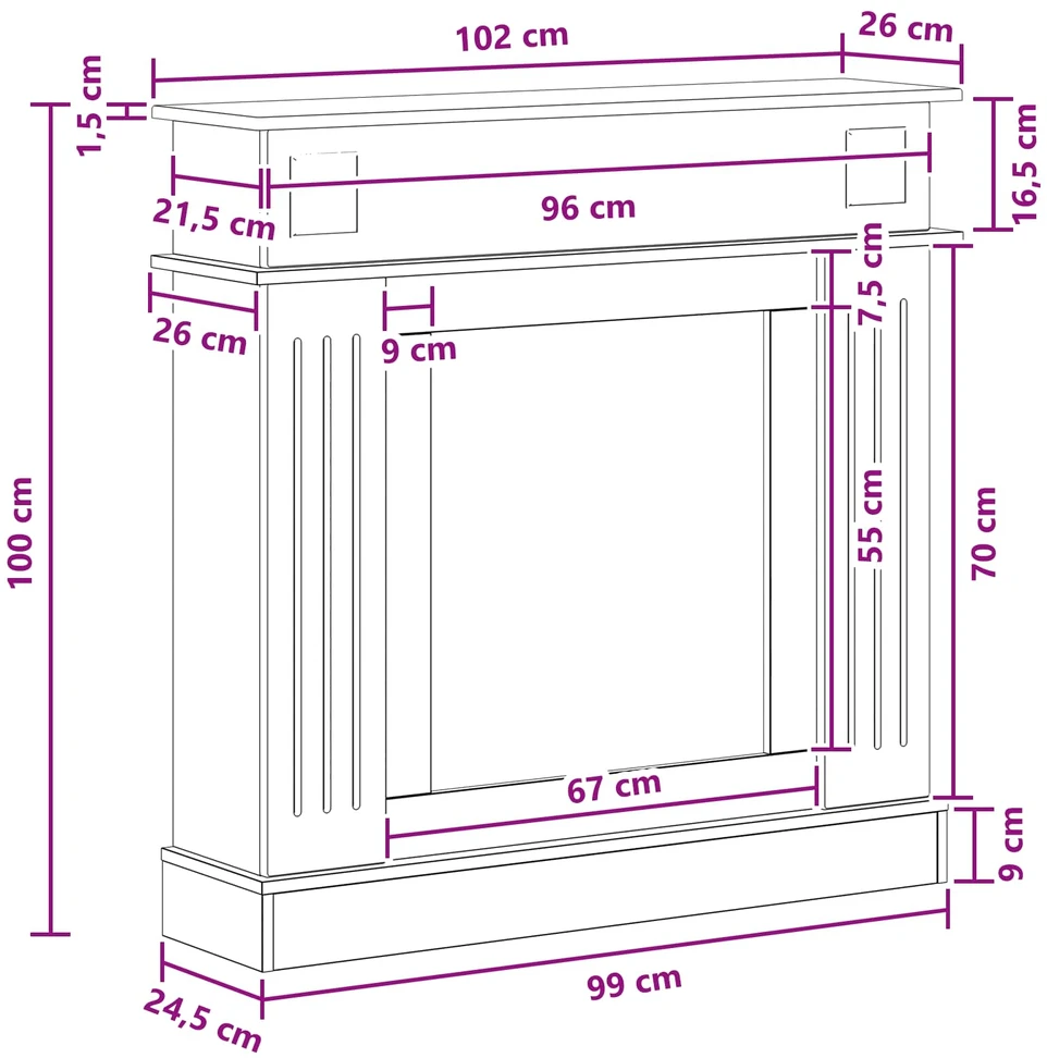 Židinio rėmas Itin blizgi balta 102 x 26 x 100 cm