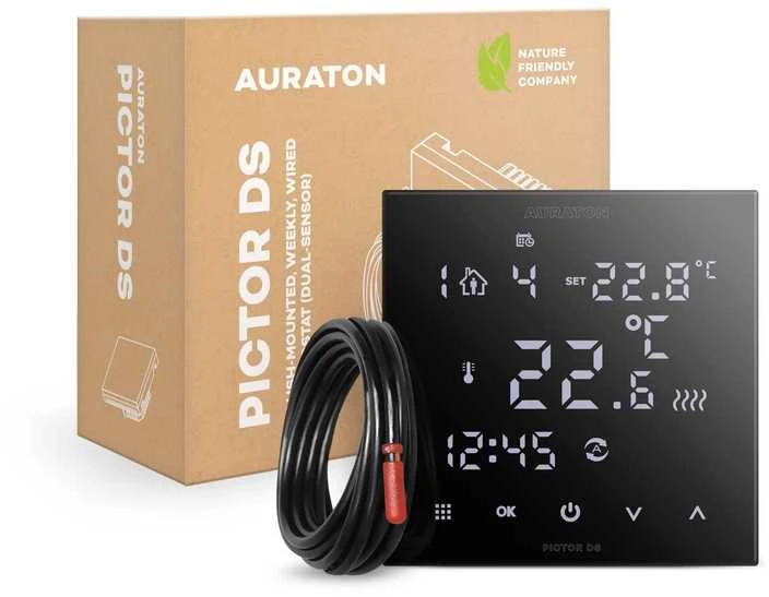 AURATON PICTOR DS savaitinis, 2 davikliu, programuojamas laidinis termostatas, Spalva: Juoda