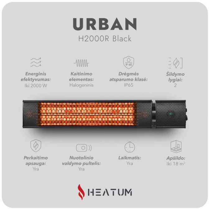 Infraraudonųjų spindulių šildytuvas Heatum H2000R URBAN Juodas