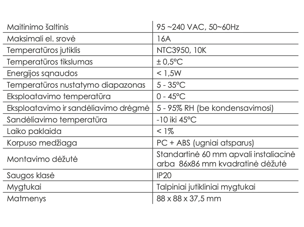 Programuojamas patalpos termostatas Konveka TW 230/16, WiFi, potinkinis, 230v, Spalva: Balta