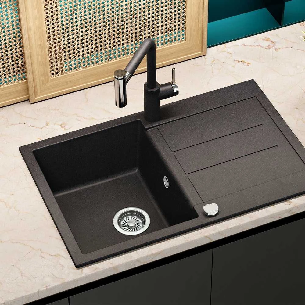 Compotexa Akmens masės plautuvė HELIKA Tessa SQT101AW, Silicsana spalva: Juoda | Juodas metallic 601