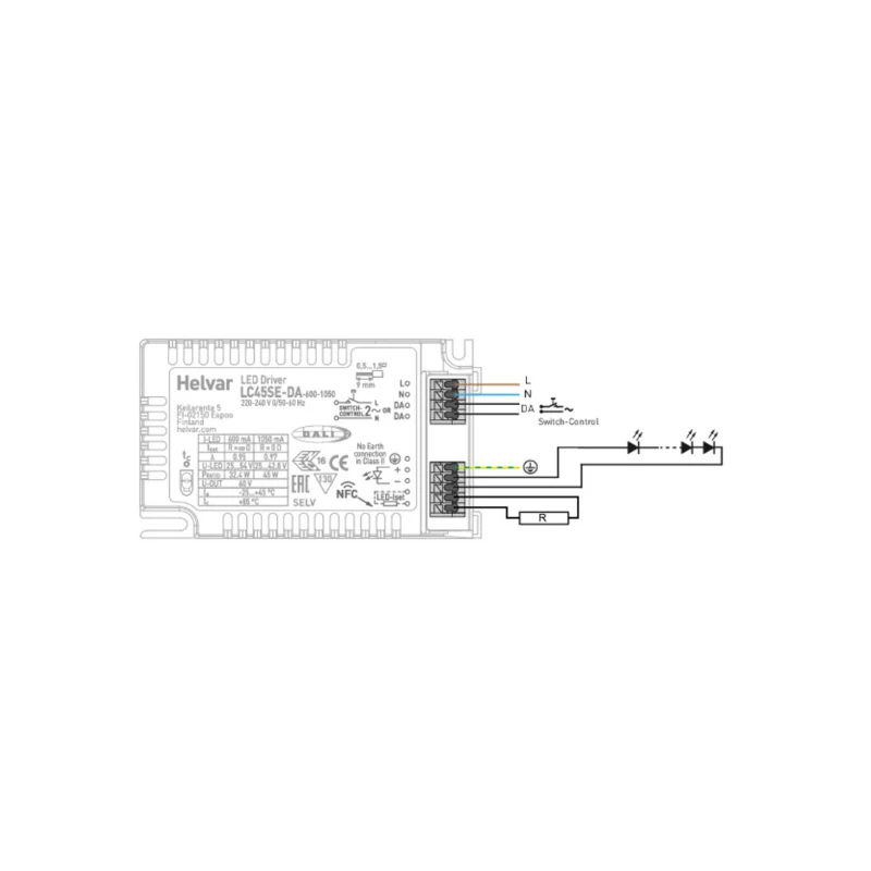 LED impulsinis srovės šaltinis 45W 600-1050mA Helvar LC45SE-DA-600-1050