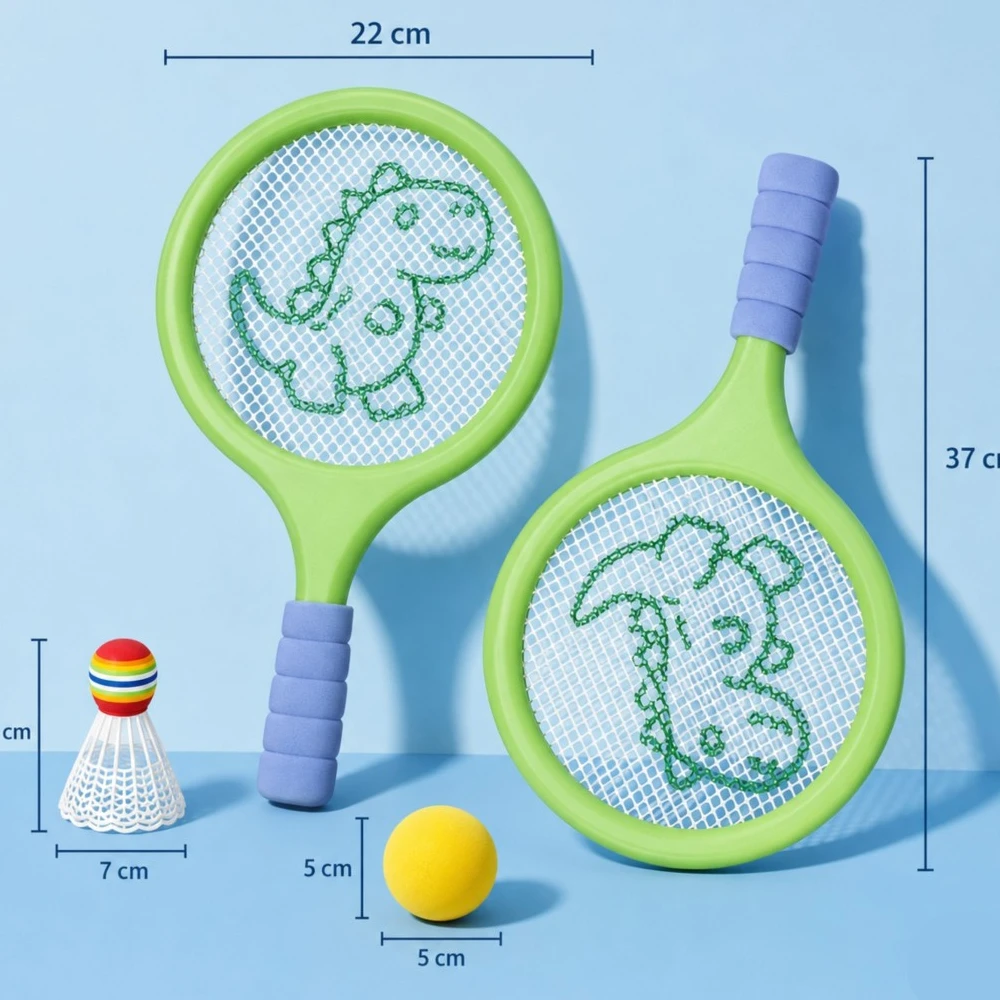 Badmintono rinkinys vaikams su raketėmis, putplasčio kamuoliuku ir dinozauro formos plunksnakočiu WOOPIE