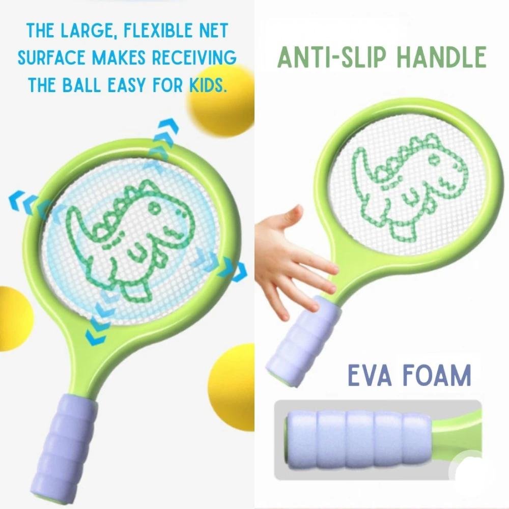 Badmintono rinkinys vaikams su raketėmis, putplasčio kamuoliuku ir dinozauro formos plunksnakočiu WOOPIE