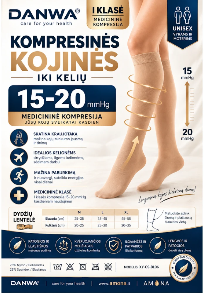Kompresinės Kojinės I Klasė15-20 mmHg DANWA CS-BL06, Uniseks, Iki Kelių