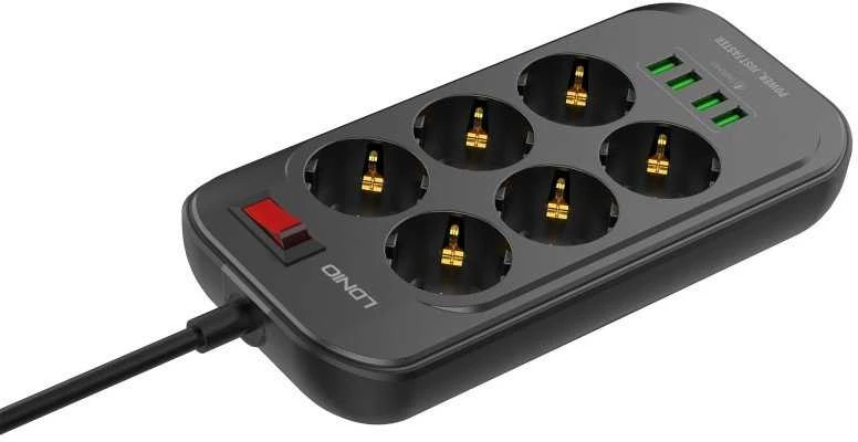Ilgintuvas su 6 AC lizdais 4x USB LDNIO 2m - juoda