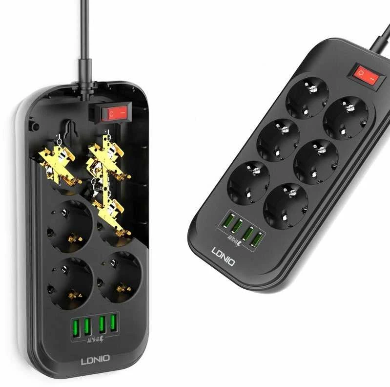 Ilgintuvas su 6 AC lizdais 4x USB LDNIO 2m - juoda