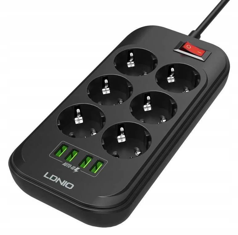 Ilgintuvas su 6 AC lizdais 4x USB LDNIO 2m - juoda