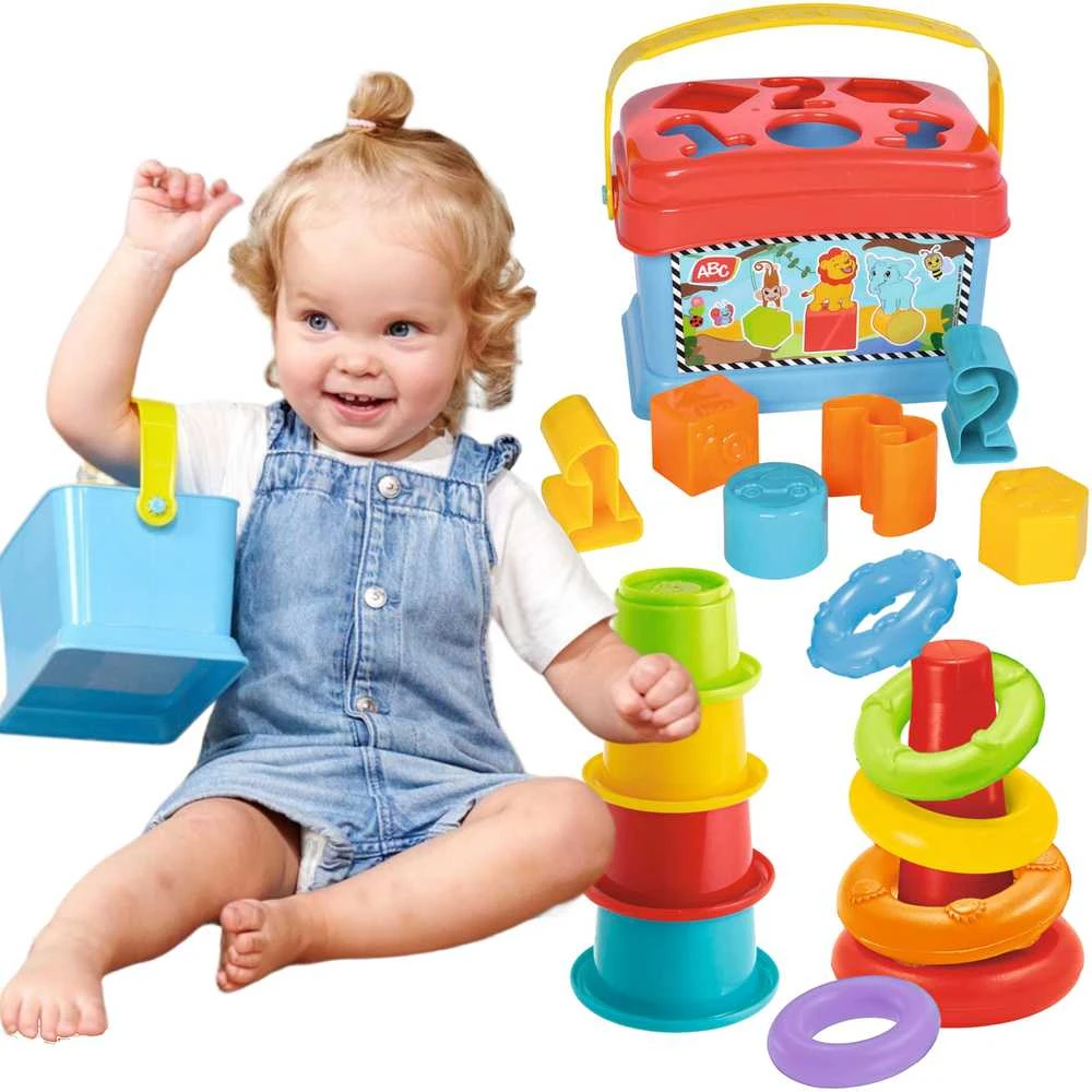 ABC Koszyk su dangteliu Rinkinys Sorter su klockami + muzikinis centras i piramidka