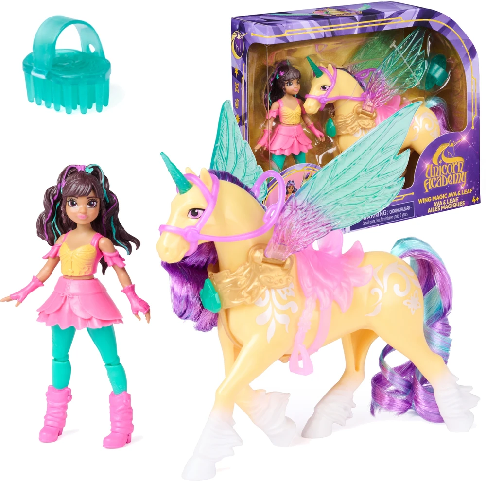 Akademia Jednorożców Magia Skrzydeł Rinkinys lalka Ava i figurka jednorożca Leaf + priedai Unicorn Academy Wing Magic