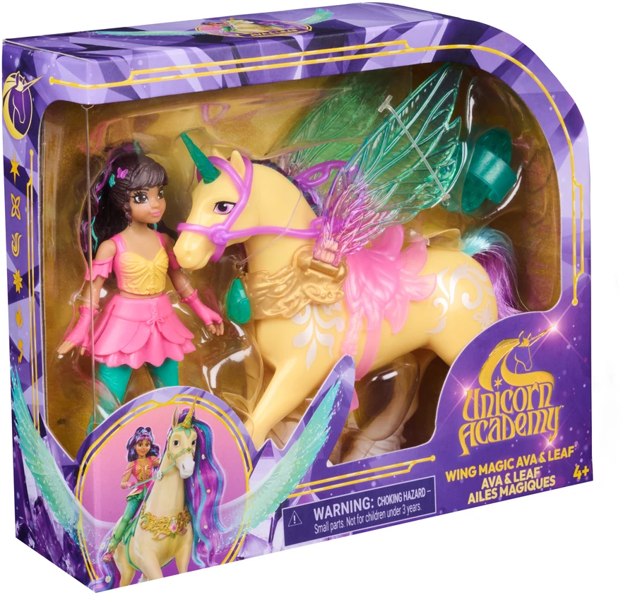 Akademia Jednorożców Magia Skrzydeł Rinkinys lalka Ava i figurka jednorożca Leaf + priedai Unicorn Academy Wing Magic
