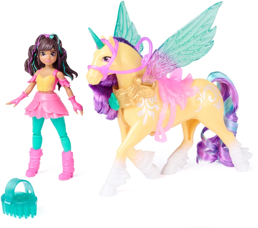 Akademia Jednorożców Magia Skrzydeł Rinkinys lalka Ava i figurka jednorożca Leaf + priedai Unicorn Academy Wing Magic
