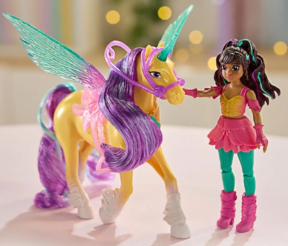 Akademia Jednorożców Magia Skrzydeł Rinkinys lalka Ava i figurka jednorożca Leaf + priedai Unicorn Academy Wing Magic