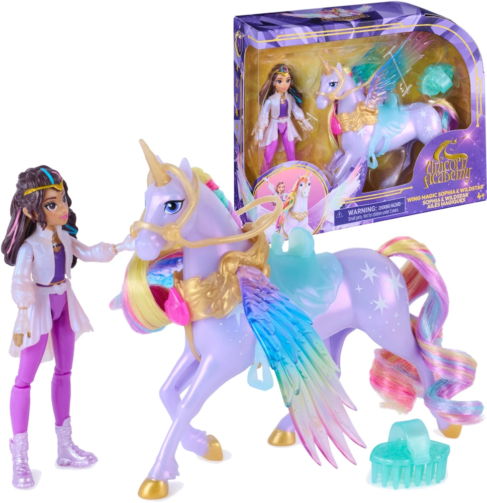 Vienaragžių akademija: Sparnų magija. Rinkinys su lėle Sophia ir vienaragio figura Wildstar + aksesuarai Unicorn Academy Wing Magic