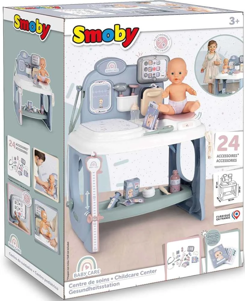 „Smoby“ kūdikių priežiūros medicinos centras lėlių priežiūrai su elektronine tabletė + 24 AKC.