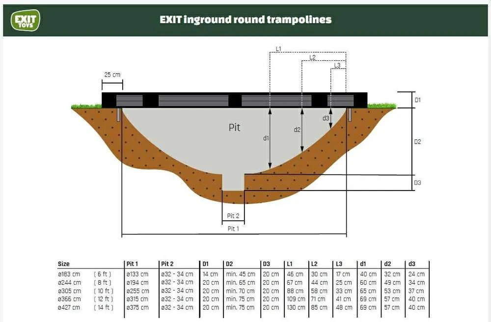 EXIT Silhouette įleidžiamas į žemę batutas ø244 cm su apsauginiu tinklu – juodas