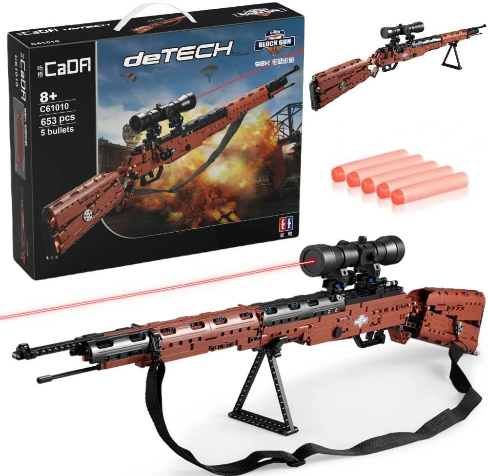 CaDA Musket Karabiner 98K ginklo, šaudymo šautuvo, kaladėlės + 5 kulkos ir taikiklis C61010W