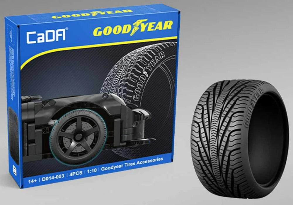 CaDA licencijuotas padangų komplektas Goodyear 1:10 RC transporto priemonėms ir statiniams modeliams 4 dalys D014-003