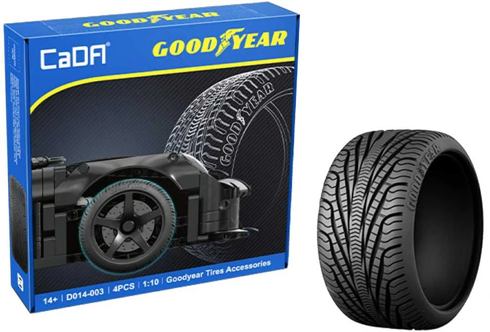 CaDA licencijuotas padangų komplektas Goodyear 1:10 RC transporto priemonėms ir statiniams modeliams 4 dalys D014-003