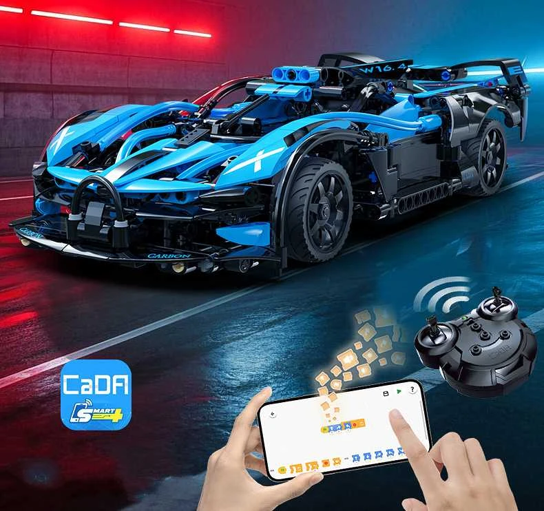 CaDA statybiniai blokai „Racer“ nuotoliniu būdu valdomas lenktyninis automobilis „Bluefire Spectre“ sportinis automobilis, 421 detalė, RC