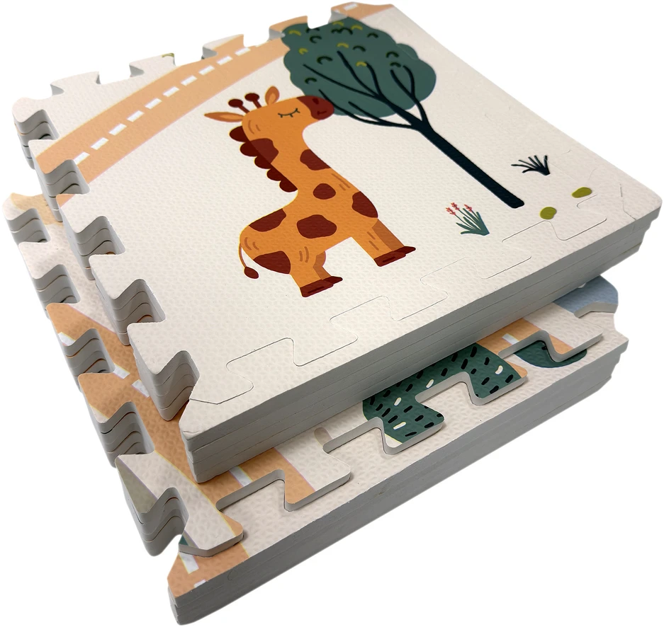 Edukacinė grindų kilimėlė 90x90. Stori putų dėlionės, 9 vnt. „Humbi Safari“ gyvūnai