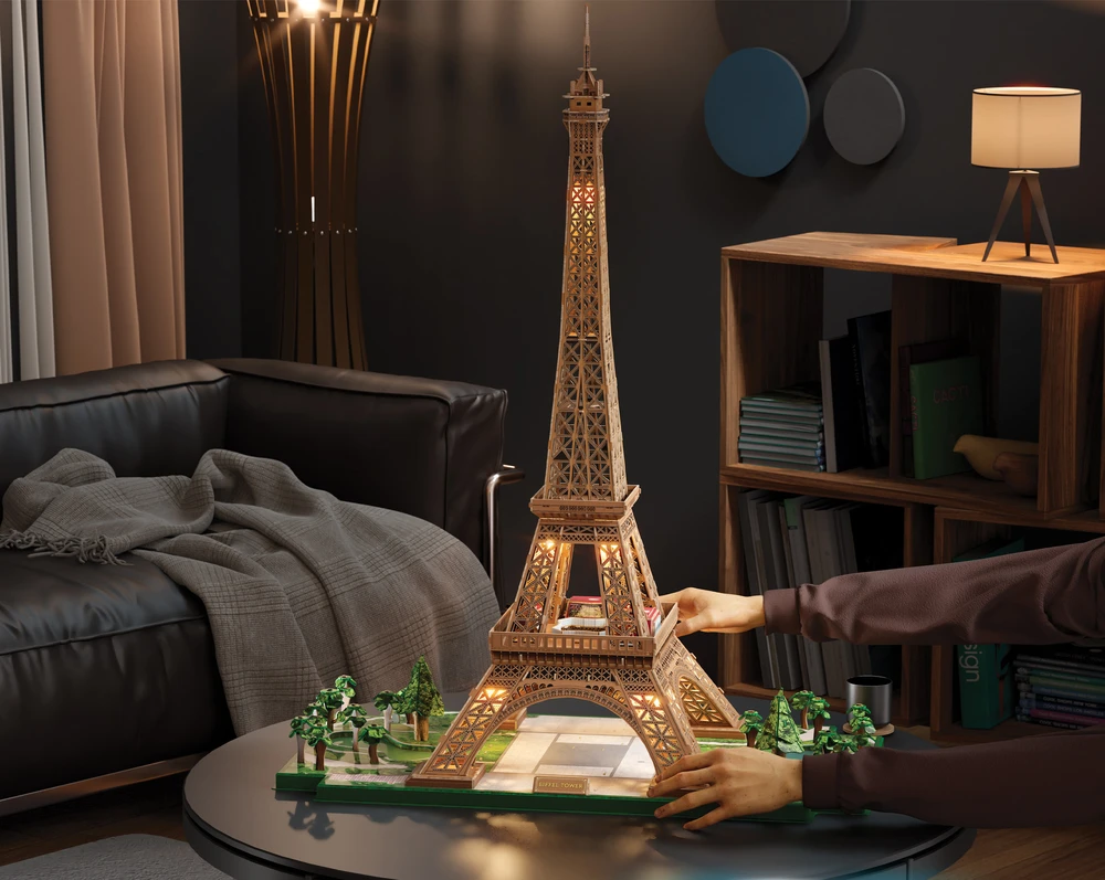 Dėlionė Puzzle 4D Build muzikinis centras Eiffla su podświetleniem LED modelis 3D do złożenia 90 cm