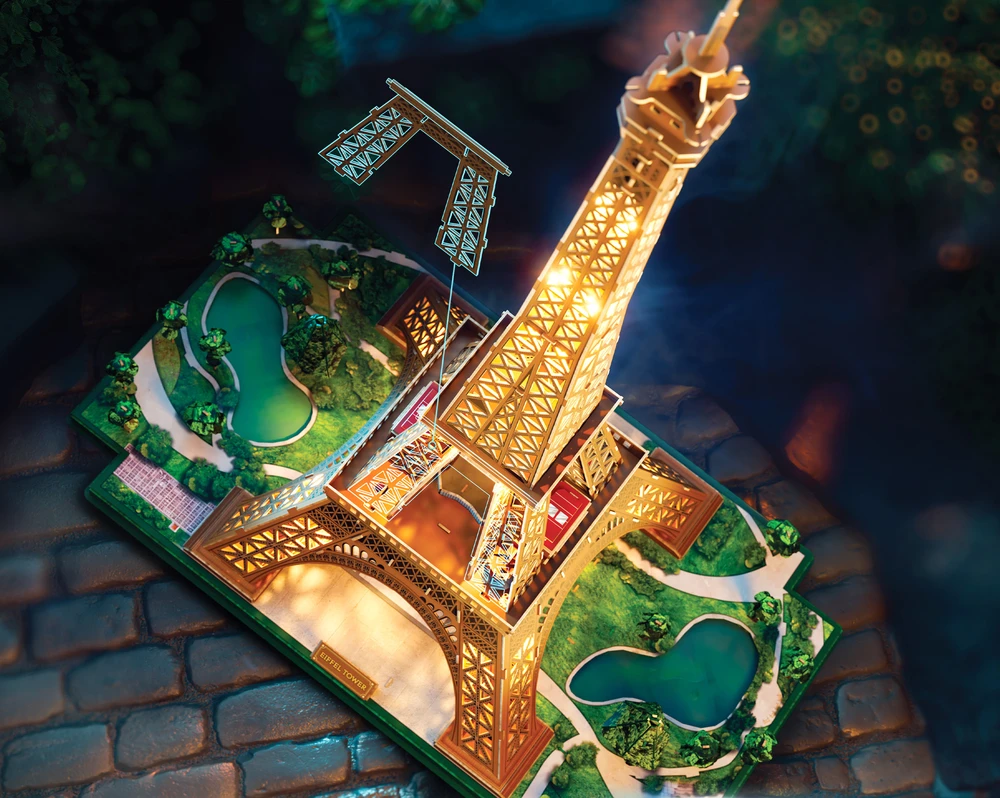 Dėlionė Puzzle 4D Build muzikinis centras Eiffla su podświetleniem LED modelis 3D do złożenia 90 cm