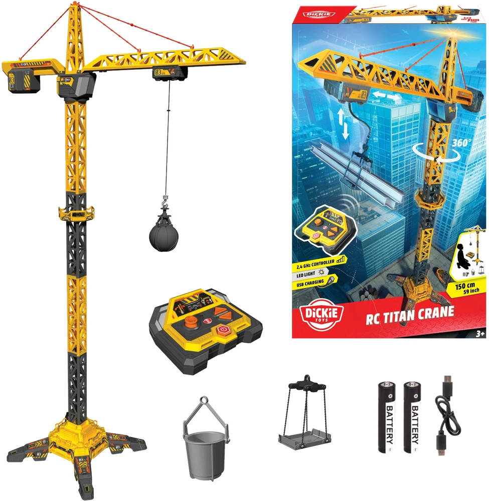 Dickie Toys Didelis nuotolinio valdymo kranas, 150 cm besisukanti ranka, titaninis kranas, nuotolinio valdymo pultas su USB + šviesa