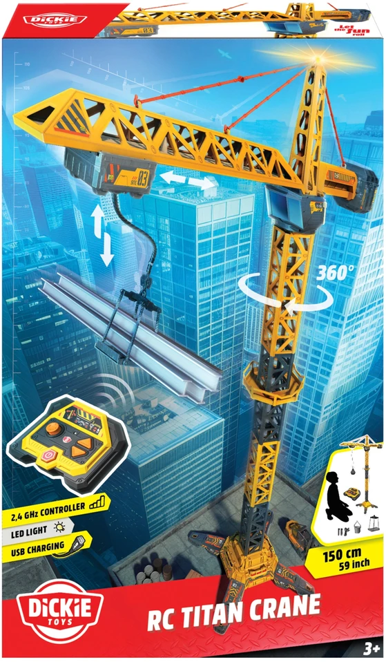 Dickie Toys Didelis nuotolinio valdymo kranas, 150 cm besisukanti ranka, titaninis kranas, nuotolinio valdymo pultas su USB + šviesa