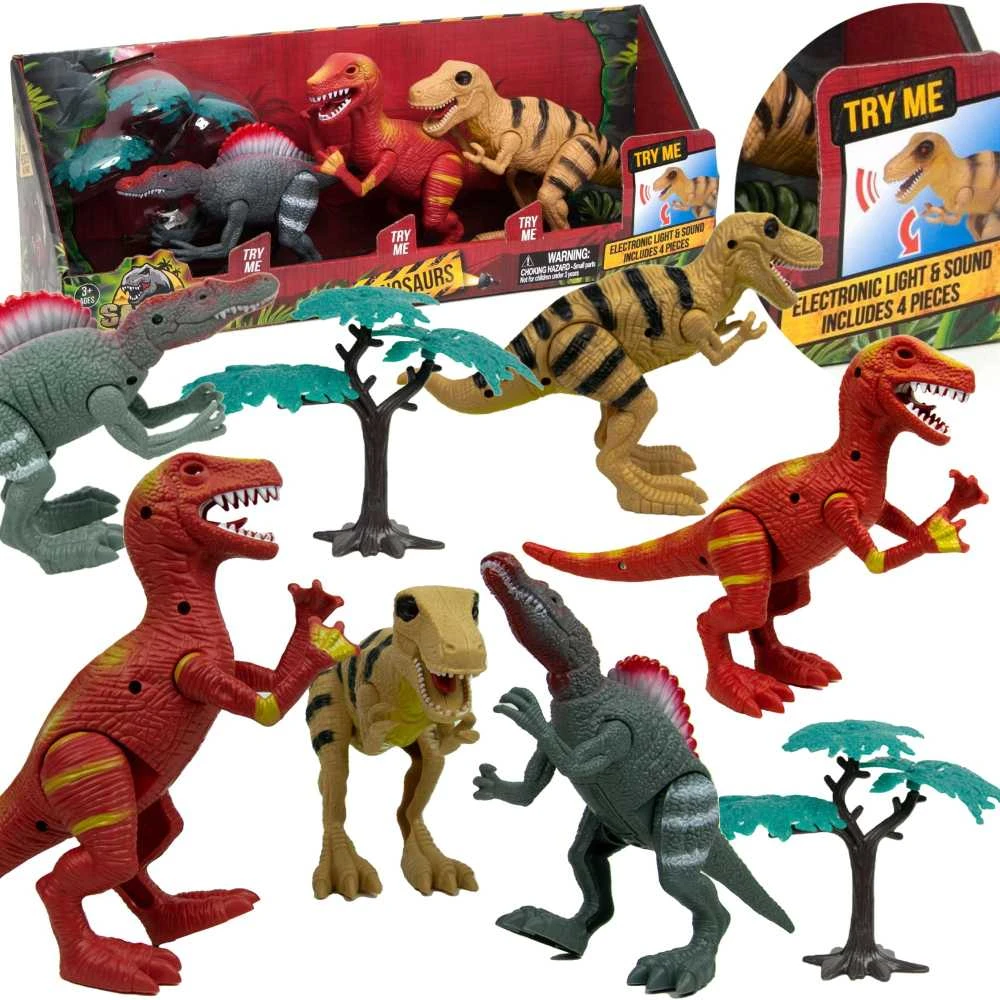Norimpex Dinozaurų interaktyvios figūrėlės Rinkinys Judantis garsas Šviesa Riaumojimas 22 cm Spinosaurus Tyrannosaurus Velociraptor 3 vnt.