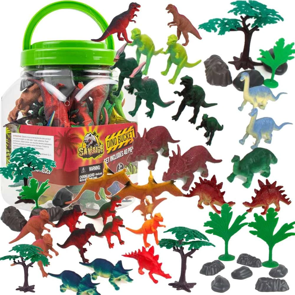 Dinozaurai Figūrėlės Didelės Rinkinys Indelyje + Priedai 40 Vnt 5-13 cm Boley