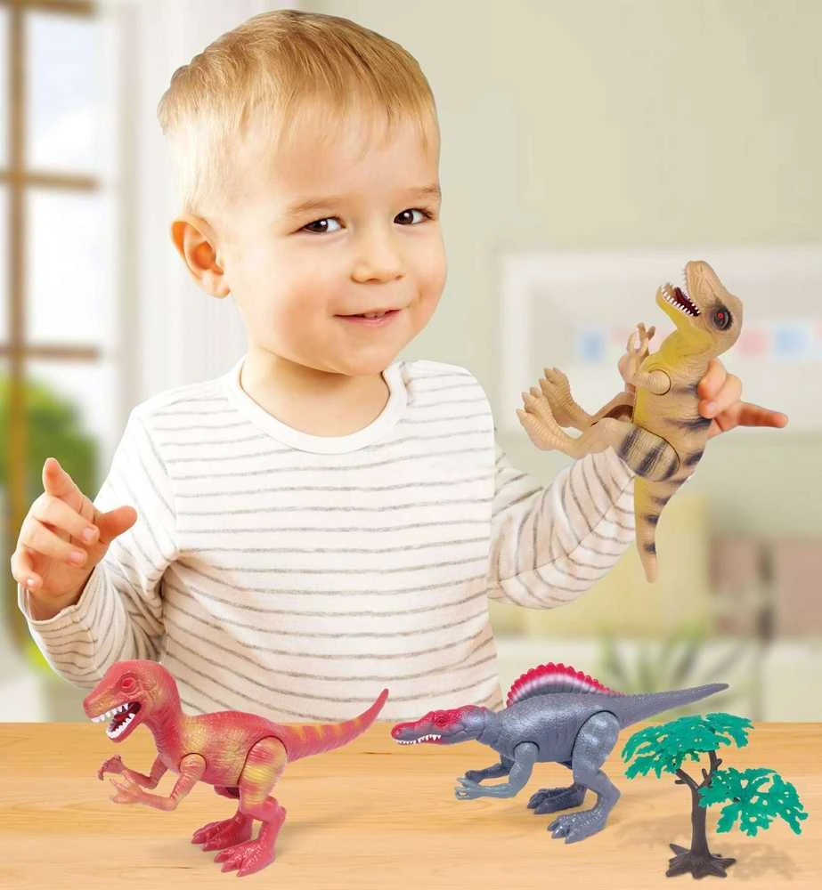 Norimpex Dinozaurų interaktyvios figūrėlės Rinkinys Judantis garsas Šviesa Riaumojimas 22 cm Spinosaurus Tyrannosaurus Velociraptor 3 vnt.