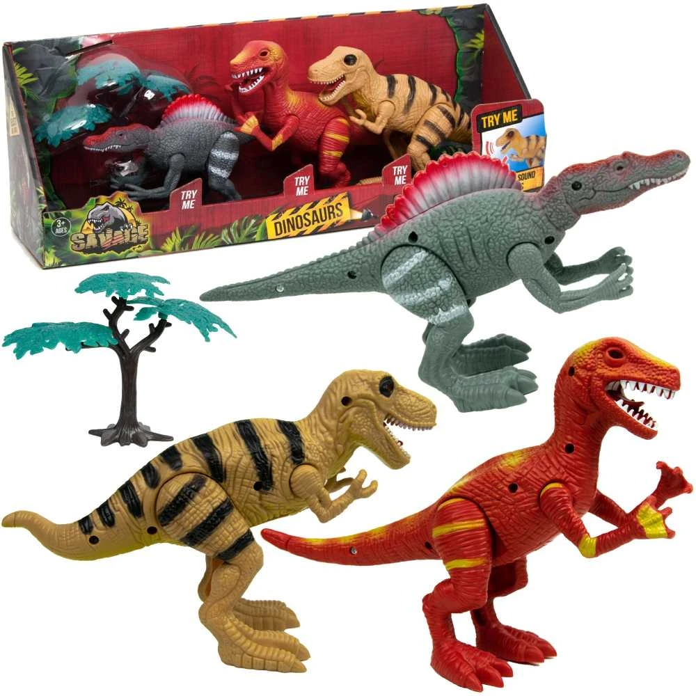 Norimpex Dinozaurų interaktyvios figūrėlės Rinkinys Judantis garsas Šviesa Riaumojimas 22 cm Spinosaurus Tyrannosaurus Velociraptor 3 vnt.