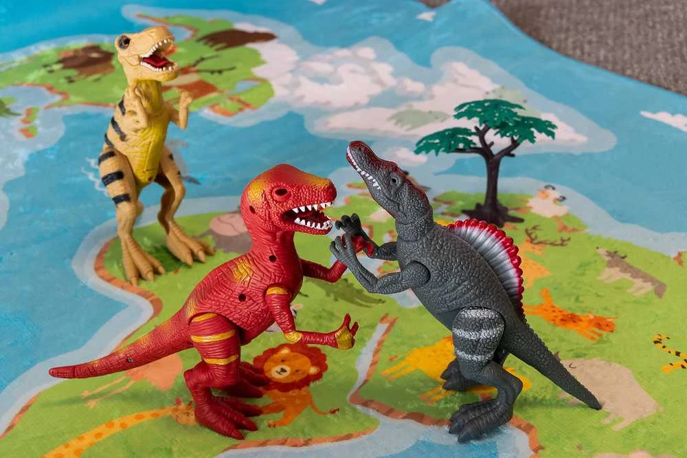 Norimpex Dinozaurų interaktyvios figūrėlės Rinkinys Judantis garsas Šviesa Riaumojimas 22 cm Spinosaurus Tyrannosaurus Velociraptor 3 vnt.