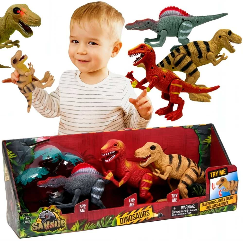 Norimpex Dinozaurų interaktyvios figūrėlės Rinkinys Judantis garsas Šviesa Riaumojimas 22 cm Spinosaurus Tyrannosaurus Velociraptor 3 vnt.