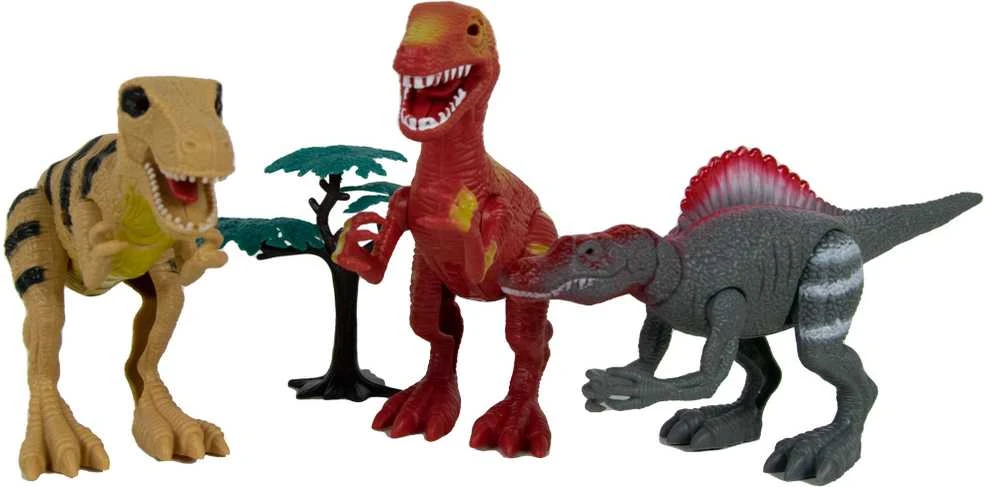 Norimpex Dinozaurų interaktyvios figūrėlės Rinkinys Judantis garsas Šviesa Riaumojimas 22 cm Spinosaurus Tyrannosaurus Velociraptor 3 vnt.
